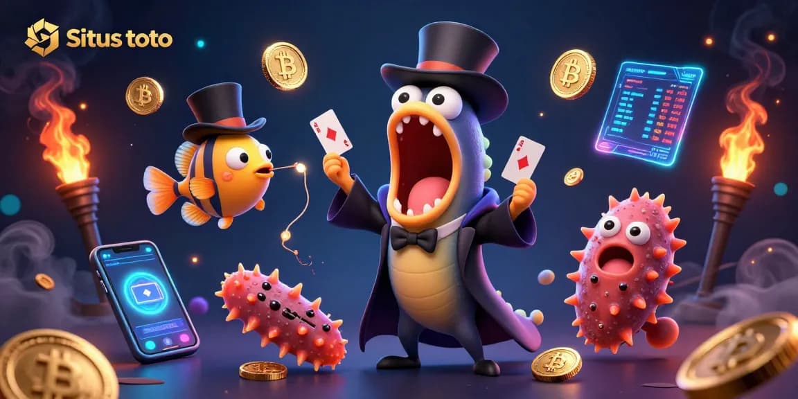 Situs toto casino illustration featuring a bioluminescent gulper eel magician and anglerfish spotlighting a magic trick