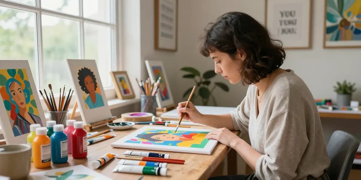 Creating customized paint by numbers art in a vibrant, natural light studio.
