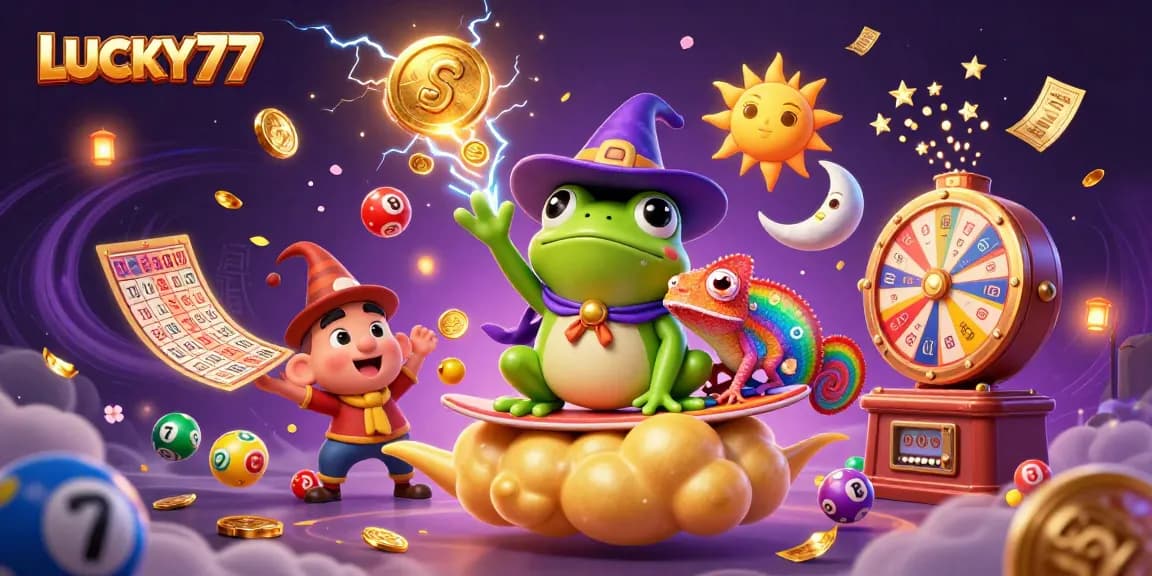 Immerse in LUCKY77 as a weather wizard frog conjures golden coins amidst vibrant gambling magic.