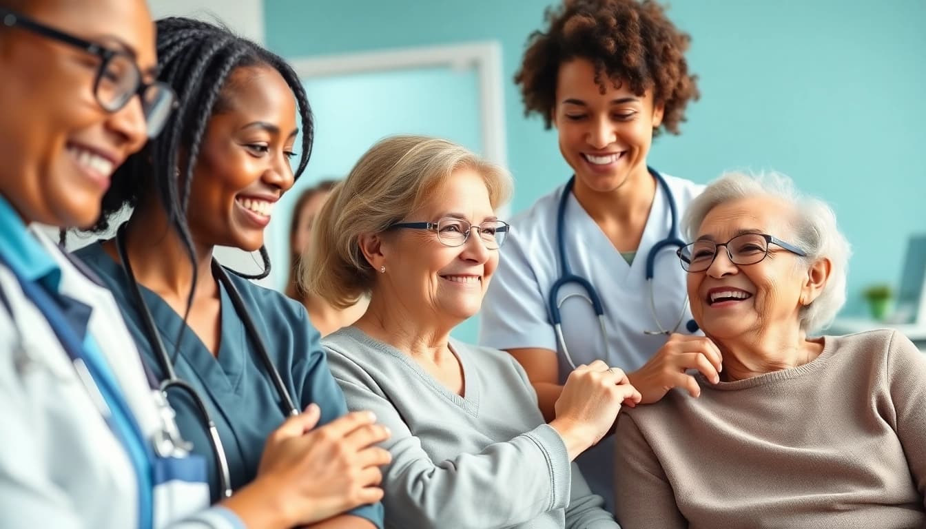 Illustration of caregivers enhancing health for elderly patients in a comforting clinic environment.