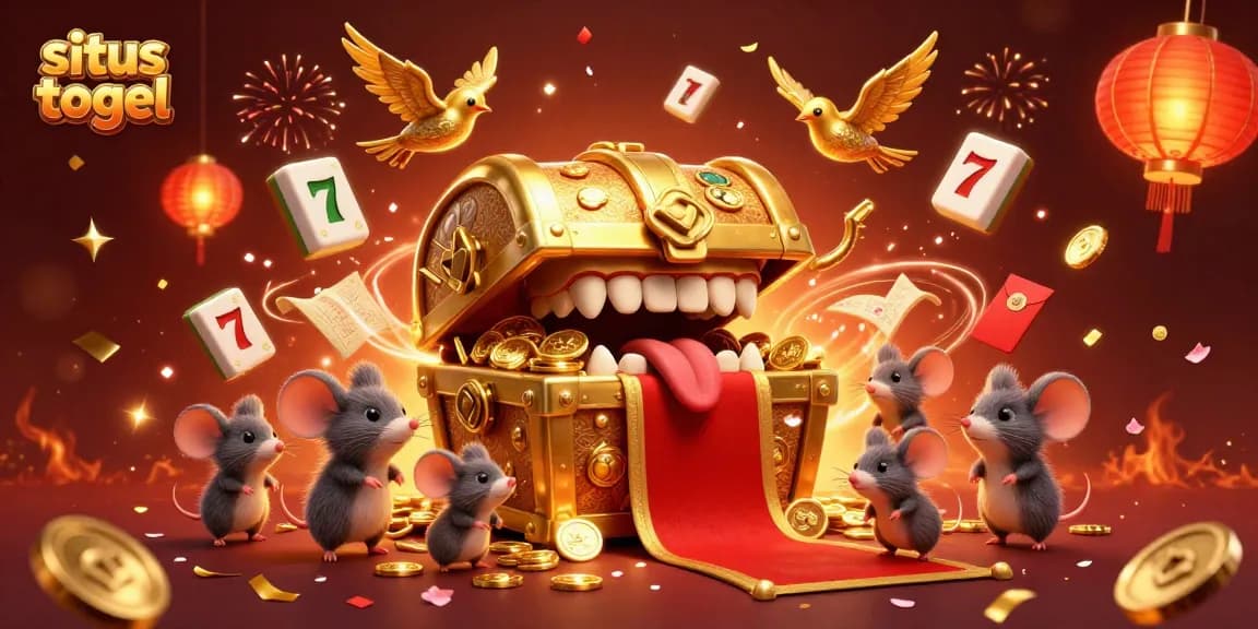 Engaging situs togel scene showcasing a treasure chest, lucky symbols, and vibrant festive elements.
