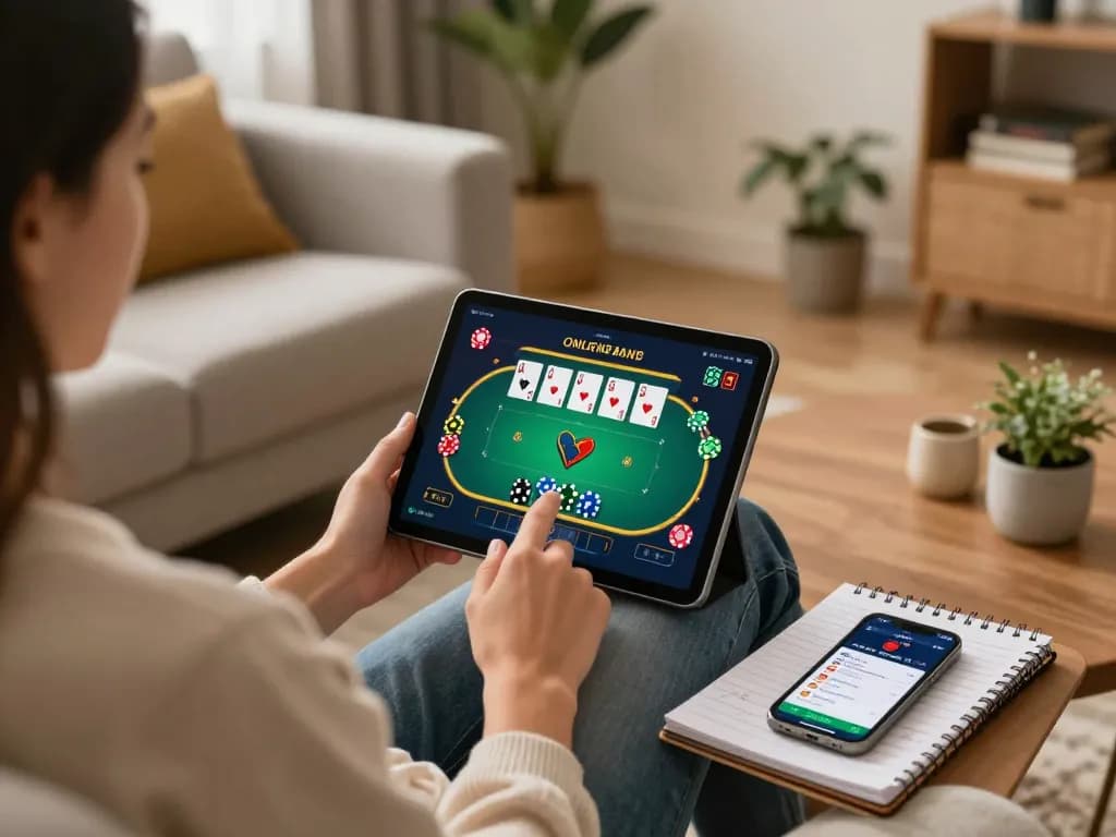 Engage in exciting gameplay at rr88bet while comfortably gaming on a tablet, showcasing vibrant poker action.
