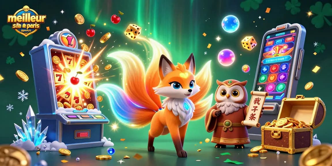 Visuel captivant du meilleur site de paris sportifs mettant en scène un renard à neuf queues illuminé, sage hibou et éléments de casino.