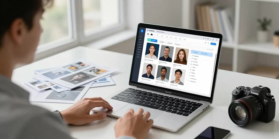 Engaged user utilizing the free ai detector tool on a laptop surrounded by image formats.