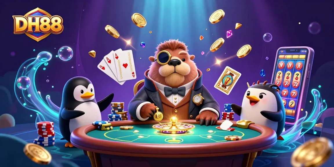 Join the exciting casino experience with DH88's underwater poker game featuring a jolly walrus, sophisticated dealer, and bluffing pufferfish.