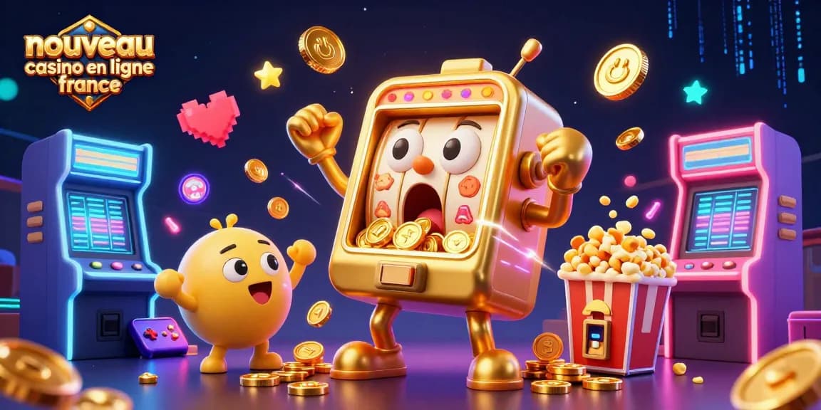 Le nouveau casino en ligne France célèbre avec une machine à sous dorée gagnante, pièces d'or tombant.