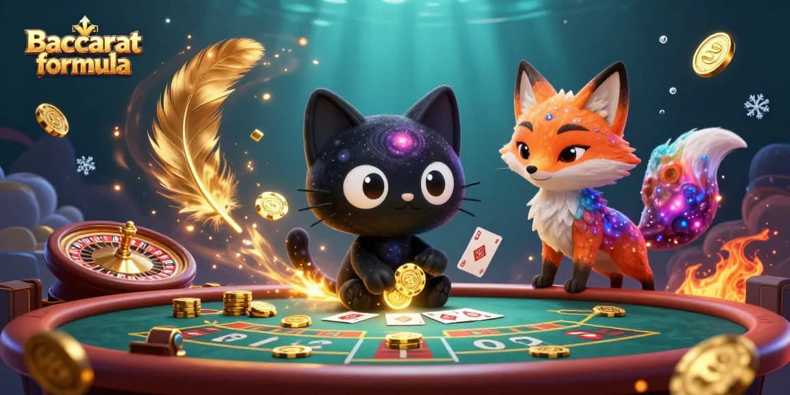 Engage with Baccarat formula strategies by a cosmic cat at a vibrant casino table.