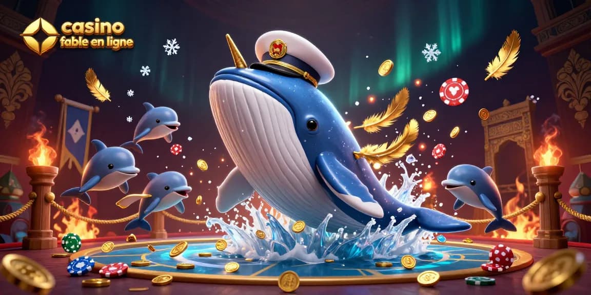 Illustration d'un whale en uniforme de capitaine, représentant un casino fiable en ligne avec des éléments de jeu.