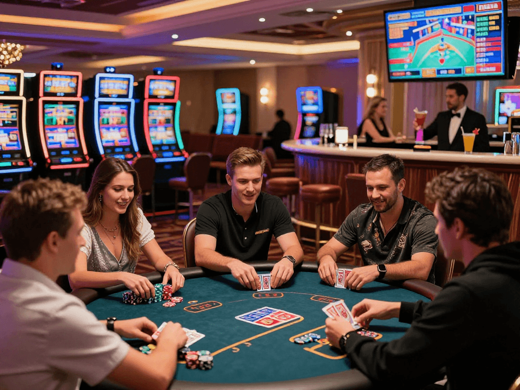 Exciting scene of players at credit card casinos engaging in poker with lively atmosphere and vibrant decor.