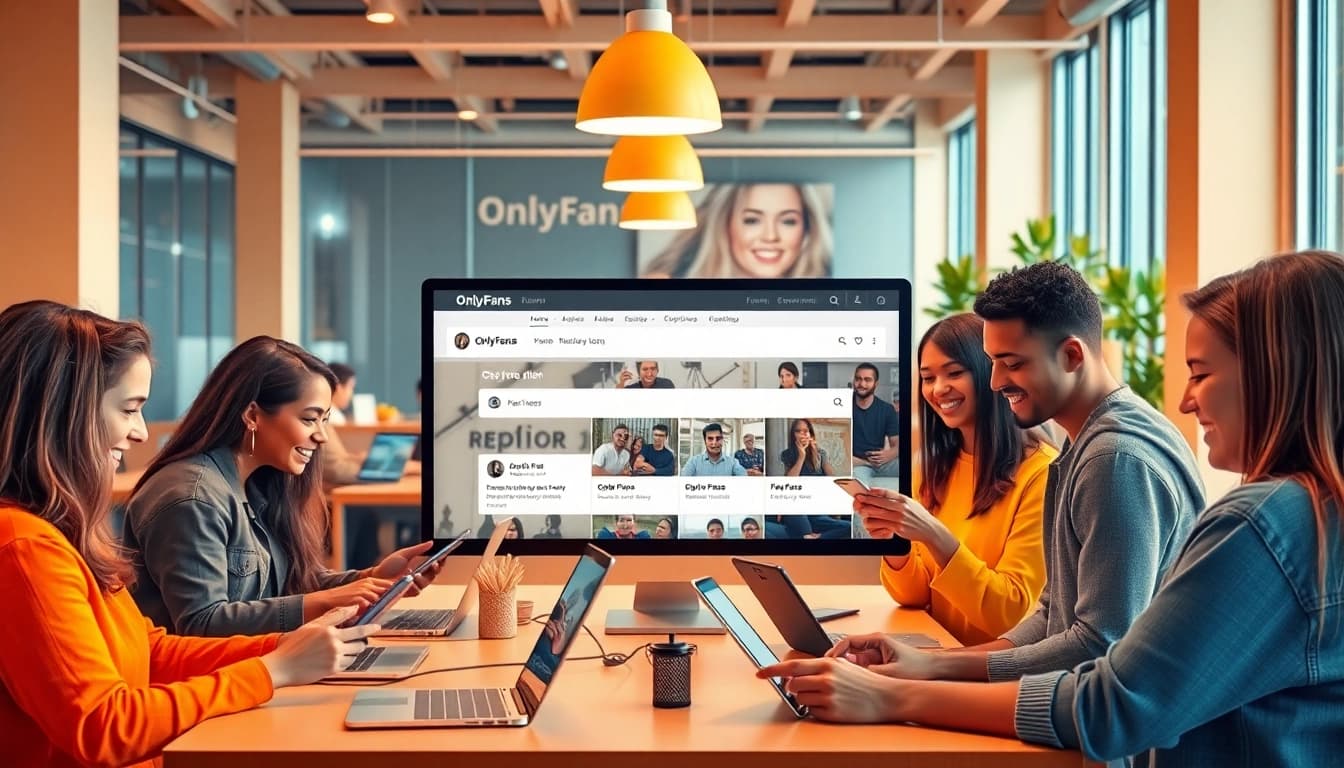 Engaged users conducting an onlyfans search by keywords on modern devices in a vibrant workspace.