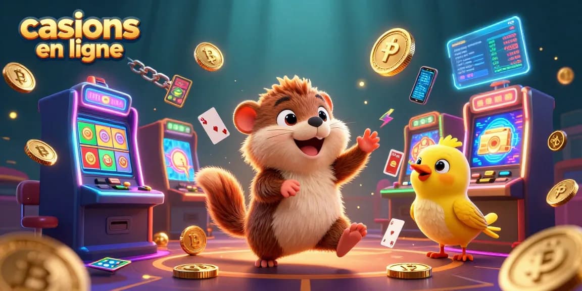 Explorez les casinos en ligne avec un mole et un canari découvrant des jackpots scintillants.