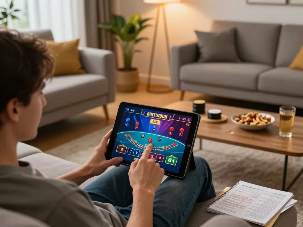 Engaging in online casinos in Canada reddit gameplay from home with tablet showcasing blackjack action.