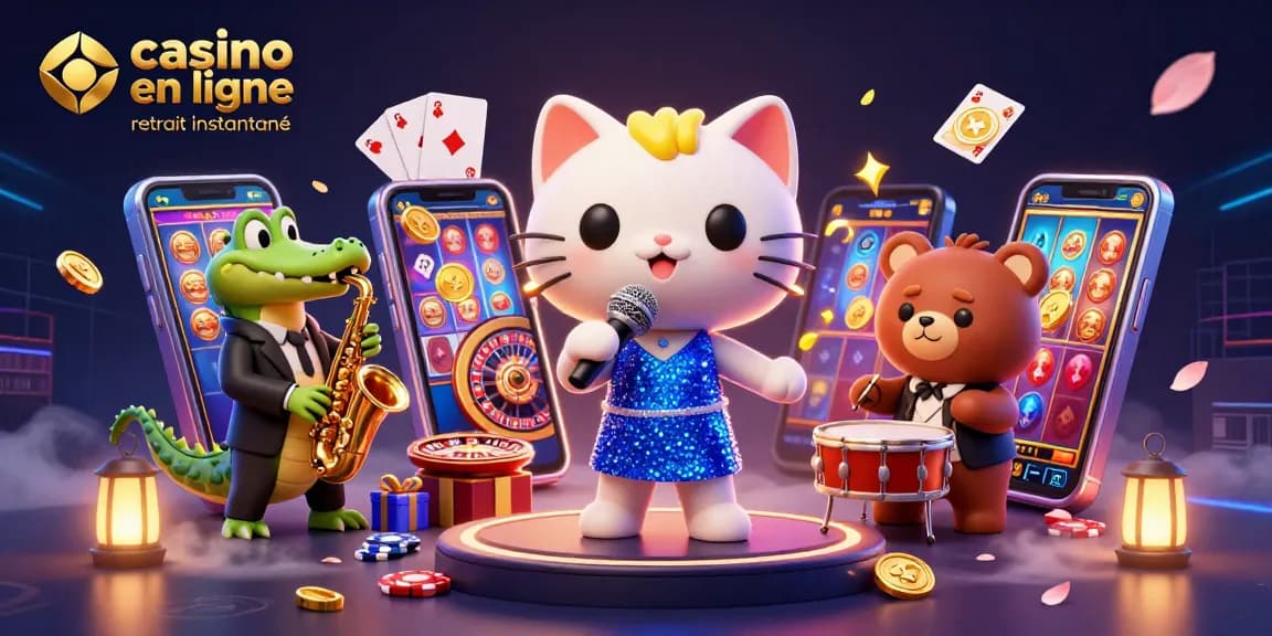 Illustration d'un casino en ligne retrait instantané avec un chat chanteur, un crocodile saxophoniste et un ourson batteur.