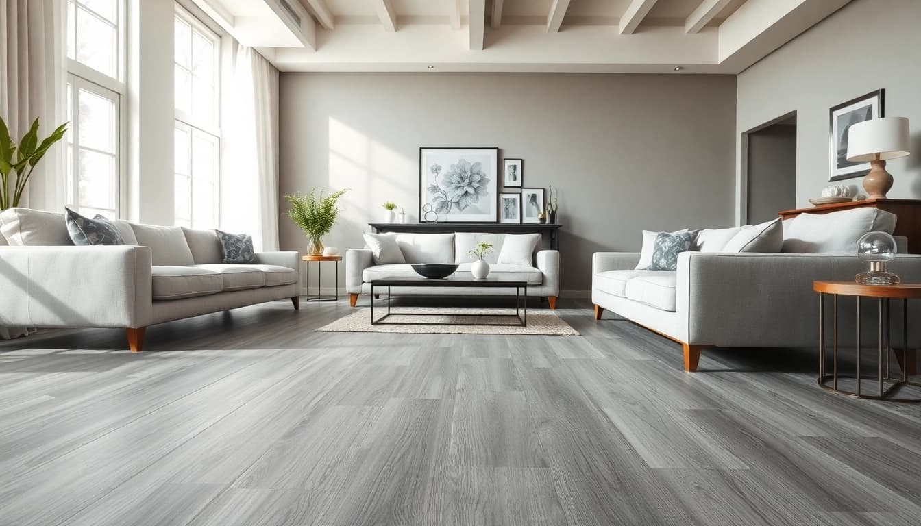 Enhance your home with grey vinyl flooring, emphasizing a stylish and modern living area.