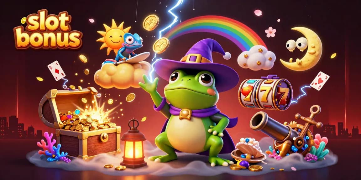 Experience a thrilling slot bonus adventure with a wizard frog and chameleon amidst coins and casino-themed elements.