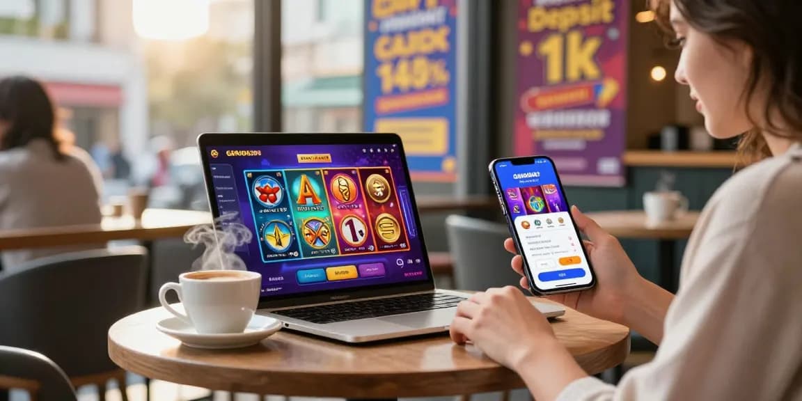Exciting scene of a user exploring slot deposit 1k options on a smartphone in a cozy café environment.