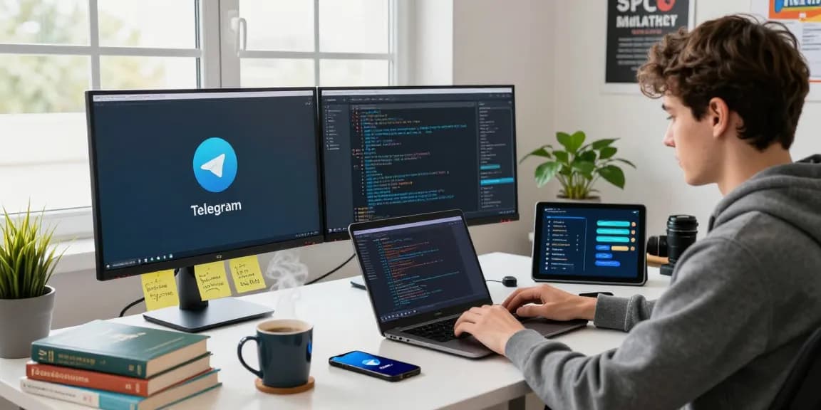 Developer coding Telegram中文版下载 on dual monitors in a modern office
