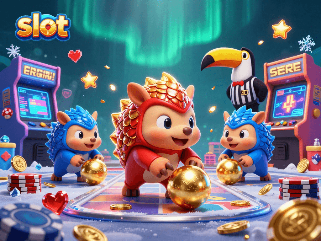 Engage in thrilling slot action with friendly pangolin competitors in vibrant casino-themed illustration.
