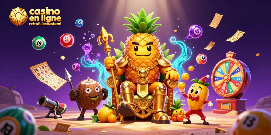 Casino en ligne retrait instantané avec le roi ananas et ses gardes porte-spears, entourés de jeux et de jubilation.