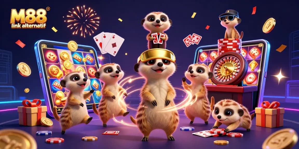 M88 link alternatif showcases lively meerkats in a dynamic casino scene celebrating big wins with gaming elements.