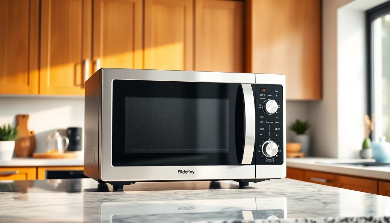 Showcasing a modern microwave oven with a sleek design and inviting kitchen background.
