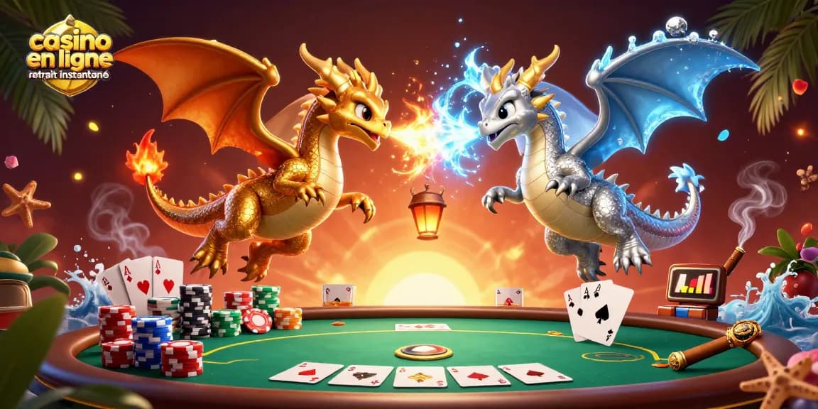 Illustration dynamique de casinos en ligne, dragons, et jeu représentant le retrait instantané.