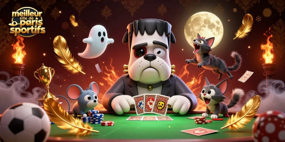 Carte de paris sportifs animée par le meilleur site de paris sportifs, avec des personnages fantastiques et des éléments de jeu.