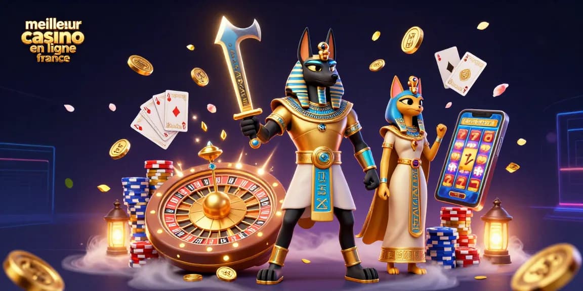 Visualisez le meilleur casino en ligne France avec des éléments captivants tels qu'Anubis entouré de pièces d'or, roulettes et cartes.