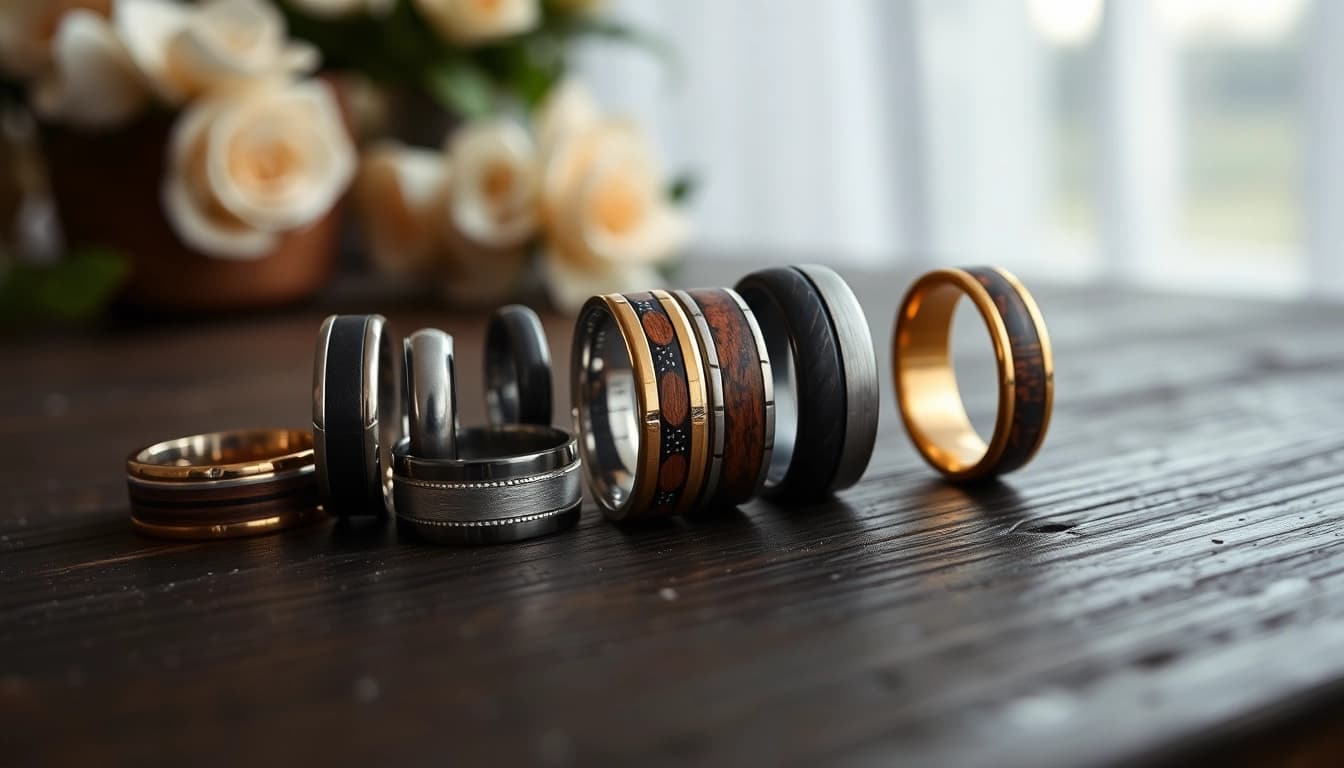 Showcasing Unique Wedding Bands for Men with diverse designs and materials in a refined setting.
