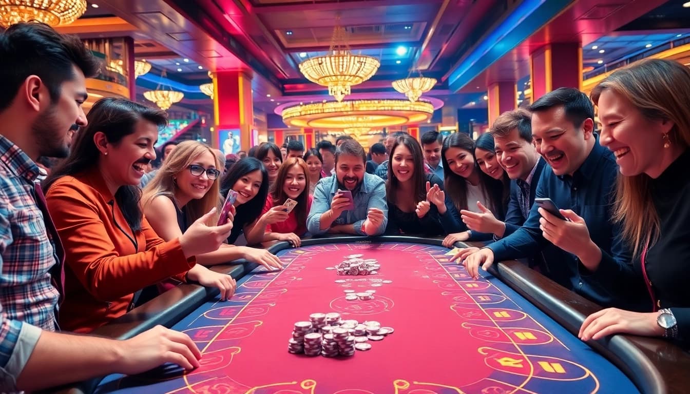 Pengunjung merayakan kemenangan di meja kasino situs toto dengan chip dan suasana ceria.