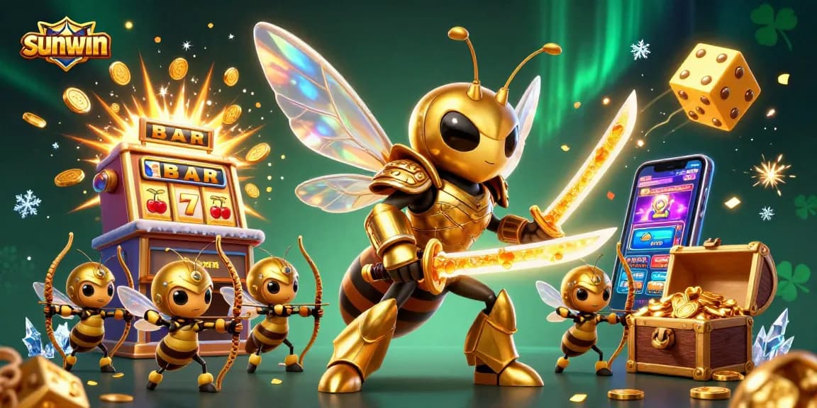 Exciting sunwin gaming scene featuring a cartoon hornet samurai and slot machine jackpot.