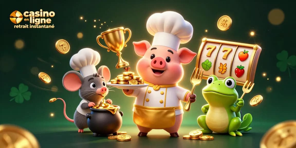 Jouer sur un casino en ligne retrait instantané, où un chef en 3D sert des pièces d'or, avec une ambiance ludique immersive.