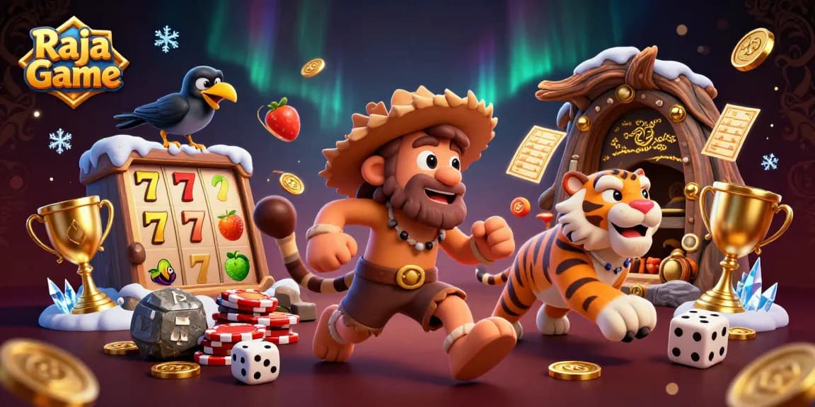 Engage in thrilling gameplay with Raja Game's unique prehistoric casino featuring slot reels and a clever crow.