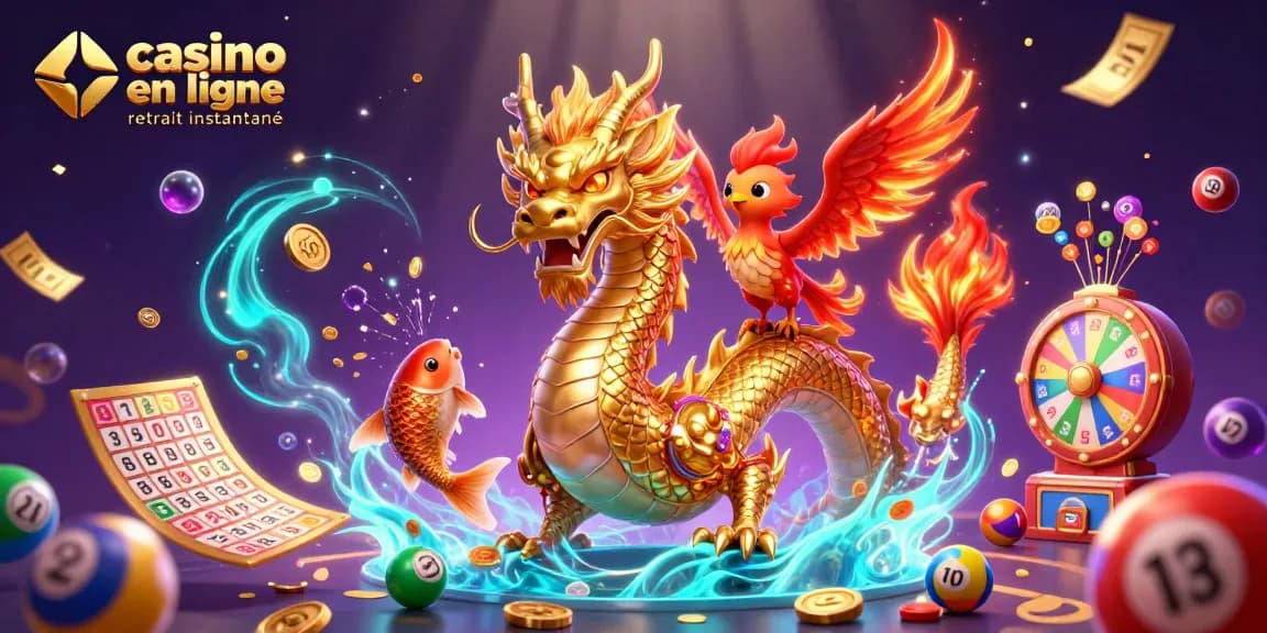 Scène vibrante de casino en ligne retrait instantané avec un dragon, un phénix et un poisson chanceux.