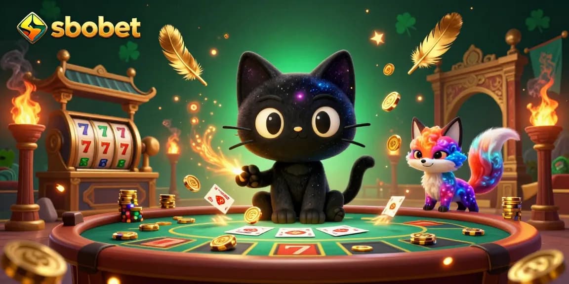 Engage with sbobet in a vibrant 3D casino scene filled with winning slots and golden tokens.