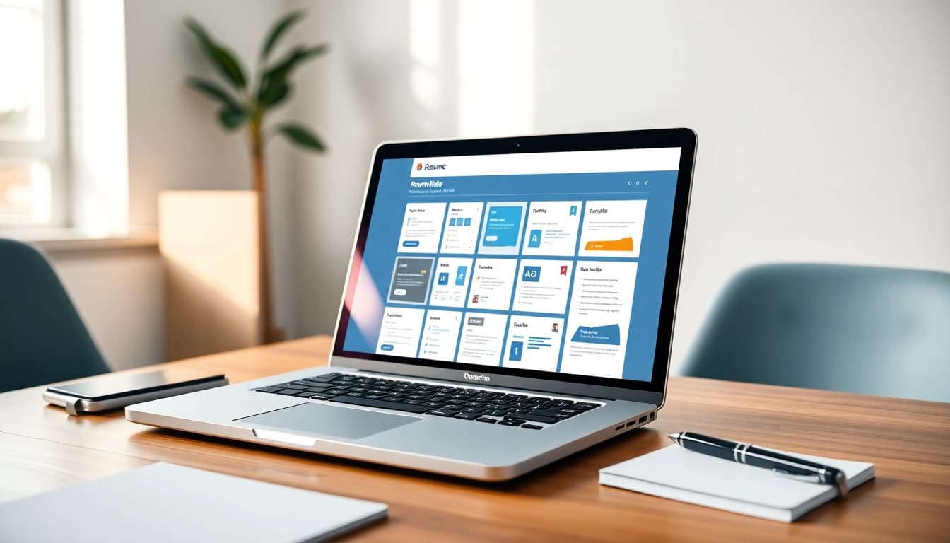 Create a resume with the Resume Builder featuring an intuitive interface and diverse templates on a stylish wooden desk.