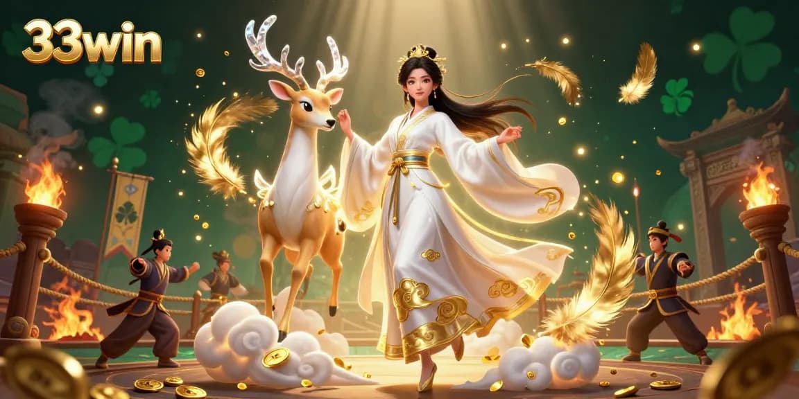 Engage in thrilling gameplay at 33win with an ethereal Asian woman and a celestial deer amidst vibrant casino elements.