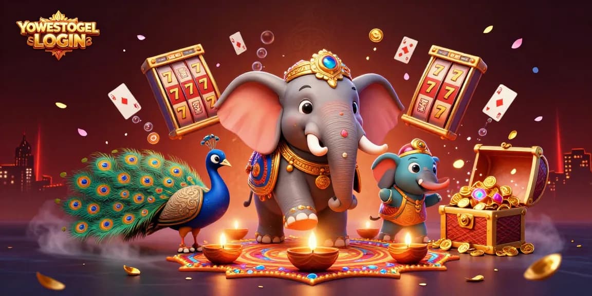 Engage in thrilling gameplay at YOWESTOGEL LOGIN with vibrant illustrations of lively casino elements.