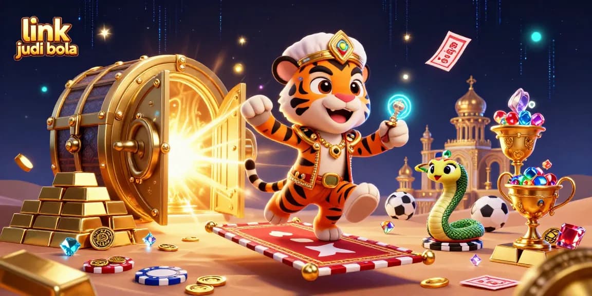 Place bets at link judi bola, featuring an Arabian-themed scene with vibrant casino elements.
