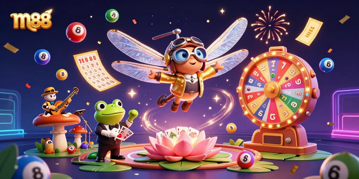 Enjoy thrilling moments with m88 as the dragonfly pilot and frog croupier create a lively casino atmosphere.