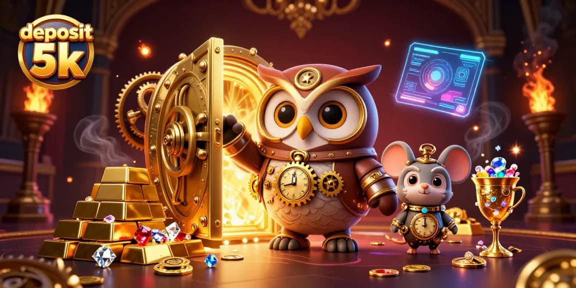 Spin slots and unlock treasures with deposit 5k in this 3D cartoon casino illustration.