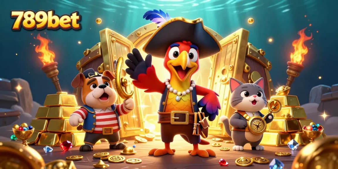 Engage in thrilling 789bet gaming adventures with colorful pirate characters surrounded by treasures.