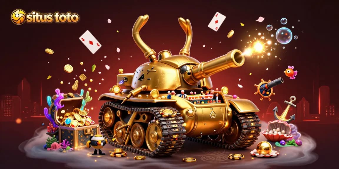 Experience thrilling gaming action at situs toto with a vibrant 3D fantasy casino tank illustration.