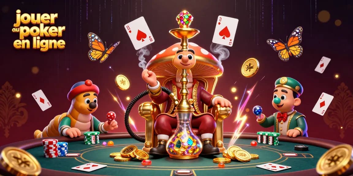 Jouez au poker en ligne avec des symboles de main de poker flottants et un maître du narguilé captivant.