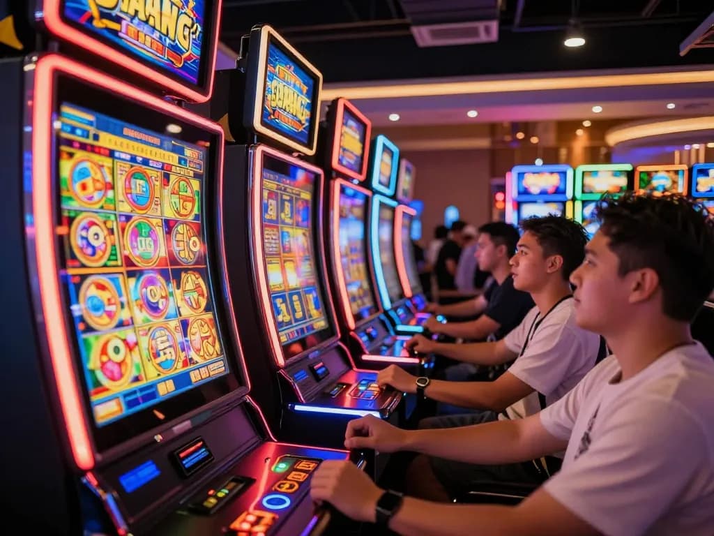 Players celebrating wins at colorful slot gacor machines in a lively casino, illustrating the excitement of gaming.