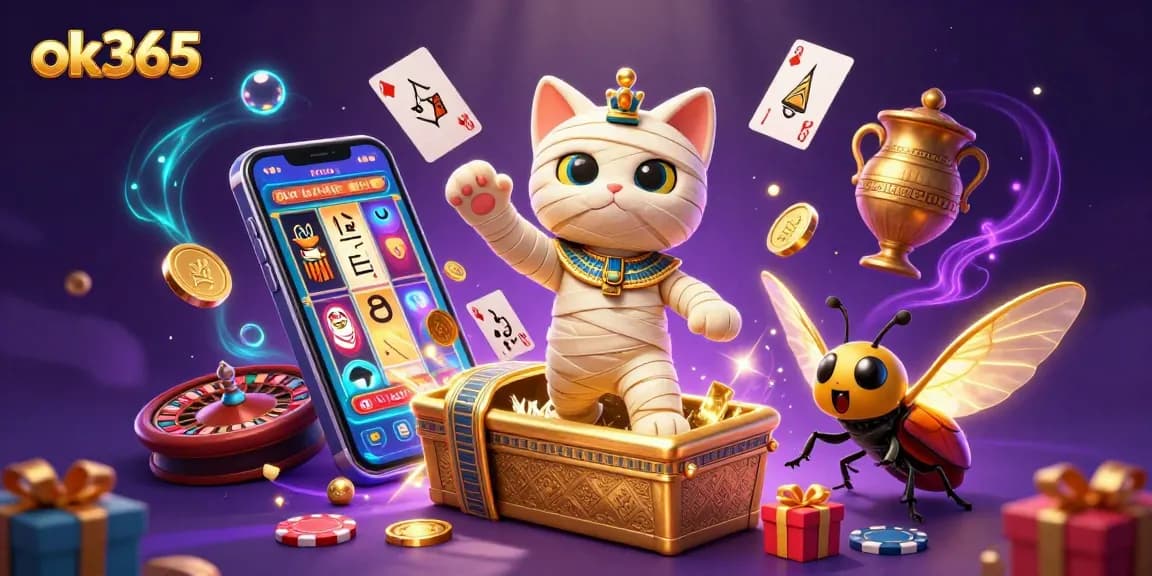 Engage in thrilling casino adventures with ok365 featuring a mummy cat, glowing scarab beetle, and vibrant gaming elements.