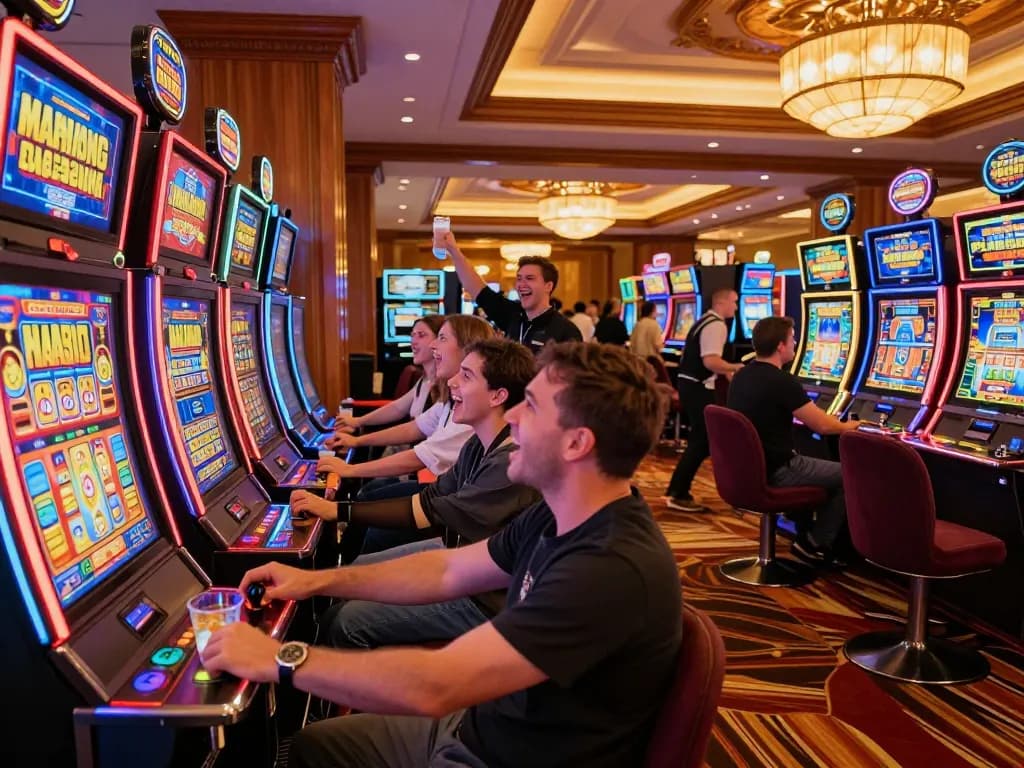 Engaging players at vibrant slot machines celebrating slot bonus new member wins in a lively casino.