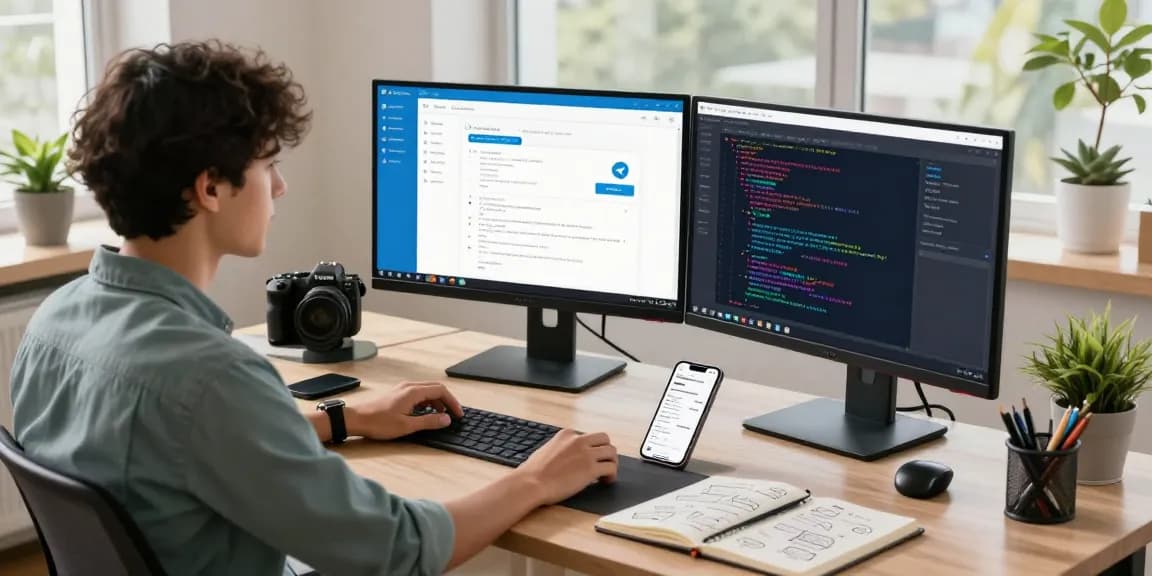 Dynamic workspace displaying telegram中文版下载 with developer coding on dual monitors and smartphone notifications.