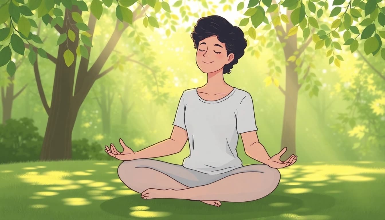 An individual finding peace in nature while reflecting on anxiety symptoms and relaxation strategies.
