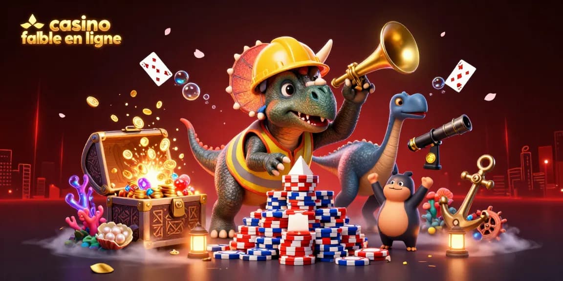 Une scène animée de casino fiable en ligne avec personnages de dinosaures et éléments de jeu, créant une ambiance festive.